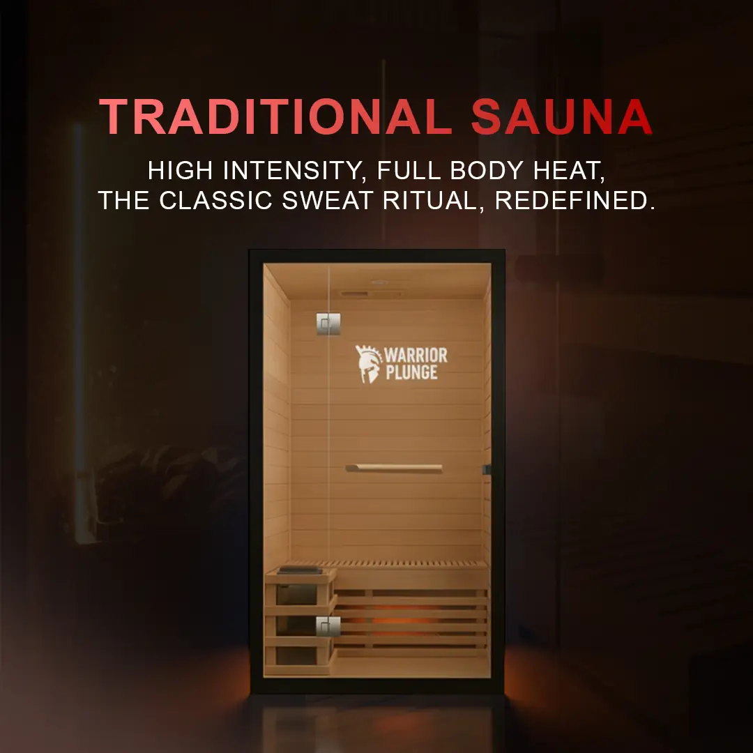 Warrior Plunge Carousel fitness ad: Showcase ad for infrared saunas in custom home and pro sizes, frame 2 of 3