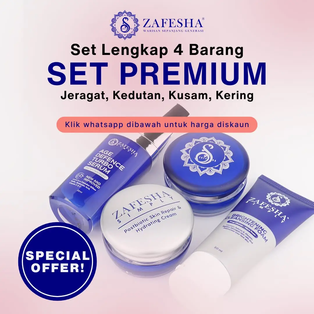 Rahsia Seri Wanita Static skincare ad: Showcase ad for a four-piece premium Zafesha set targeting dark spots and dryness
