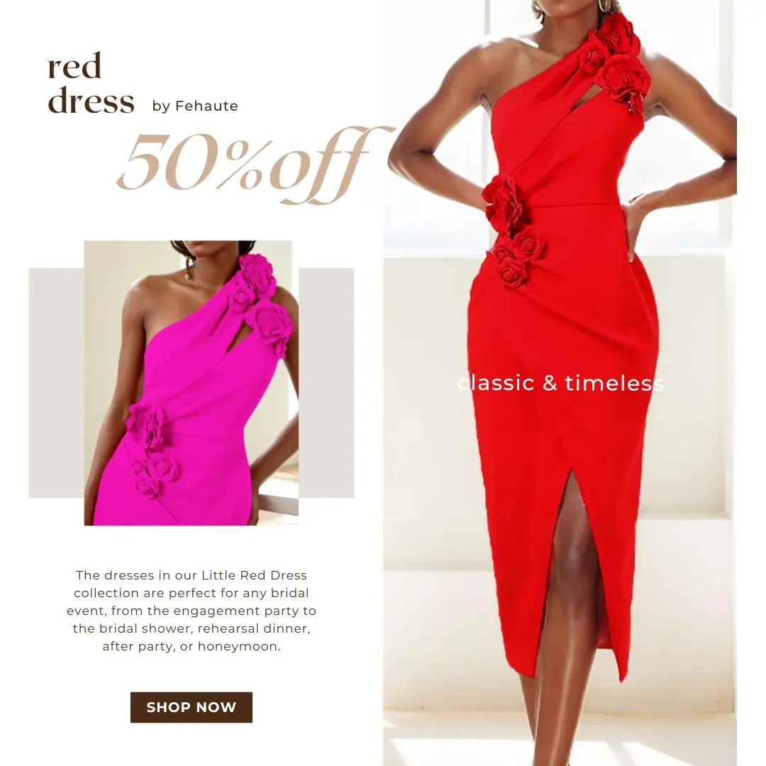 Fehaute Static fashion ad: Discount ad: 50% off the Little Red Dress bridal collection