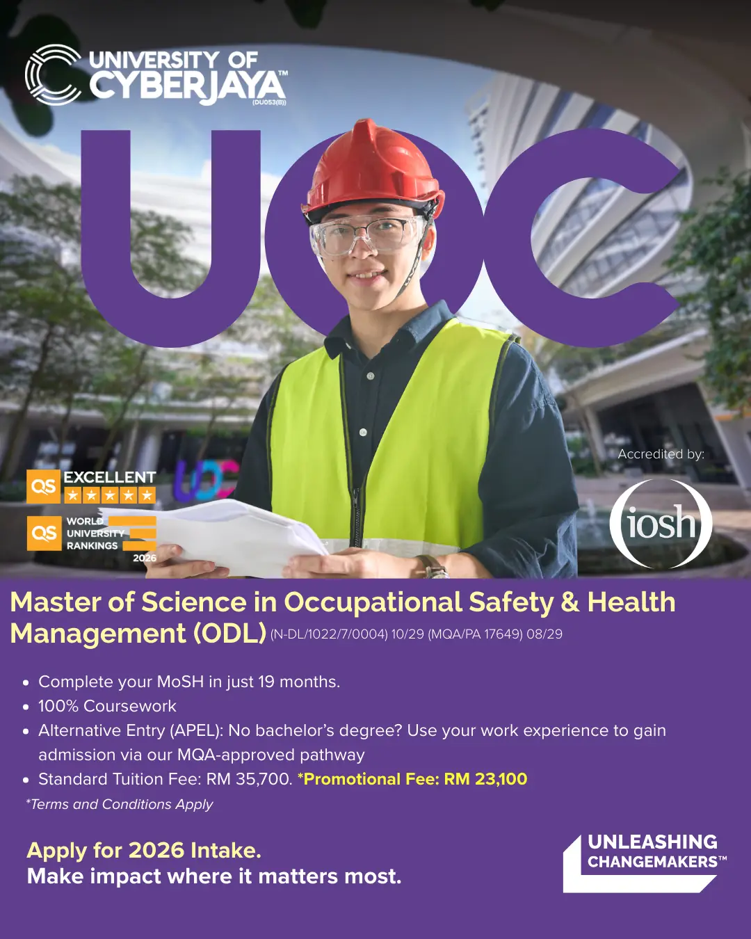 University of Cyberjaya Static education ad: Discount ad: promotional RM23,100 fee on the MoSH (ODL) master’s