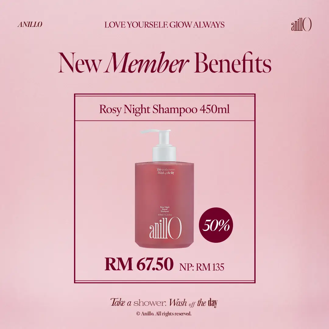 anillO Beauty Malaysia Carousel hair care ad: Discount ad: new members get 50% off Rosy Night, from RM45, frame 2 of 6