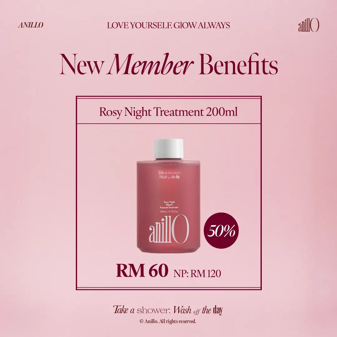 anillO Beauty Malaysia Carousel hair care ad: Discount ad: new members get 50% off Rosy Night, from RM45, frame 3 of 6