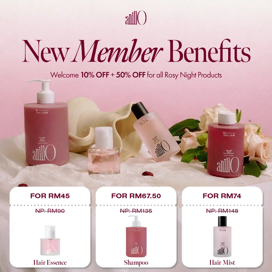 anillO Beauty Malaysia Carousel hair care ad: Discount ad: new members get 50% off Rosy Night, from RM45, frame 1 of 6