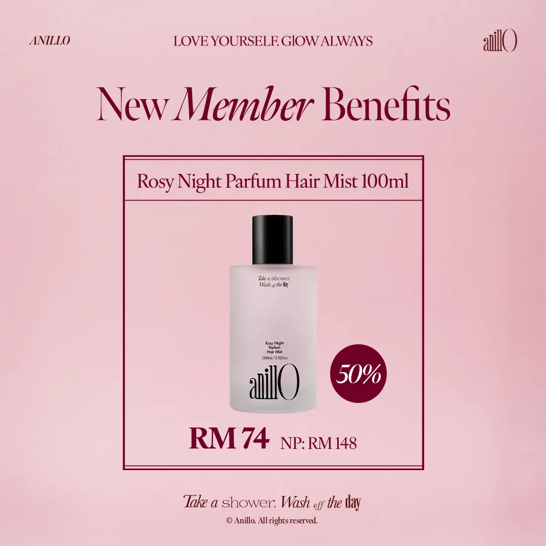 anillO Beauty Malaysia Carousel hair care ad: Discount ad: new members get 50% off Rosy Night, from RM45, frame 5 of 6
