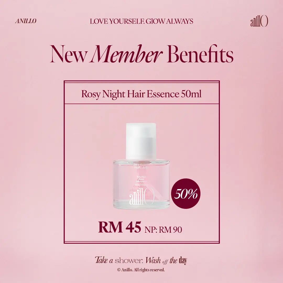 anillO Beauty Malaysia Carousel hair care ad: Discount ad: new members get 50% off Rosy Night, from RM45, frame 4 of 6