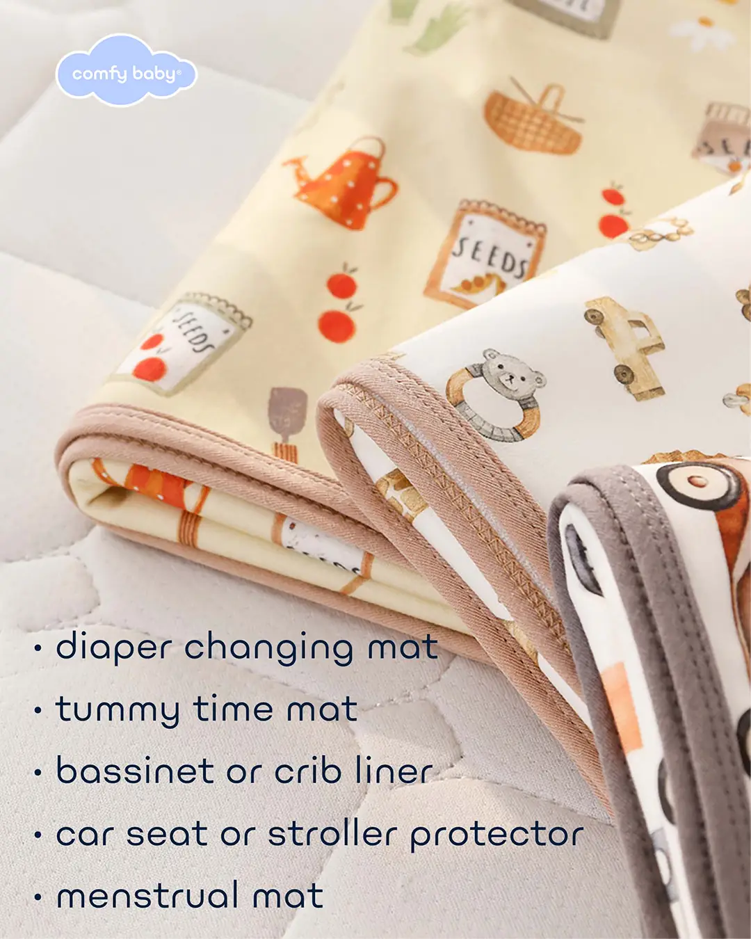 Comfy Baby Static baby care ad: Feature-callout ad for one mat that’s a changing pad, tummy-time mat and crib liner