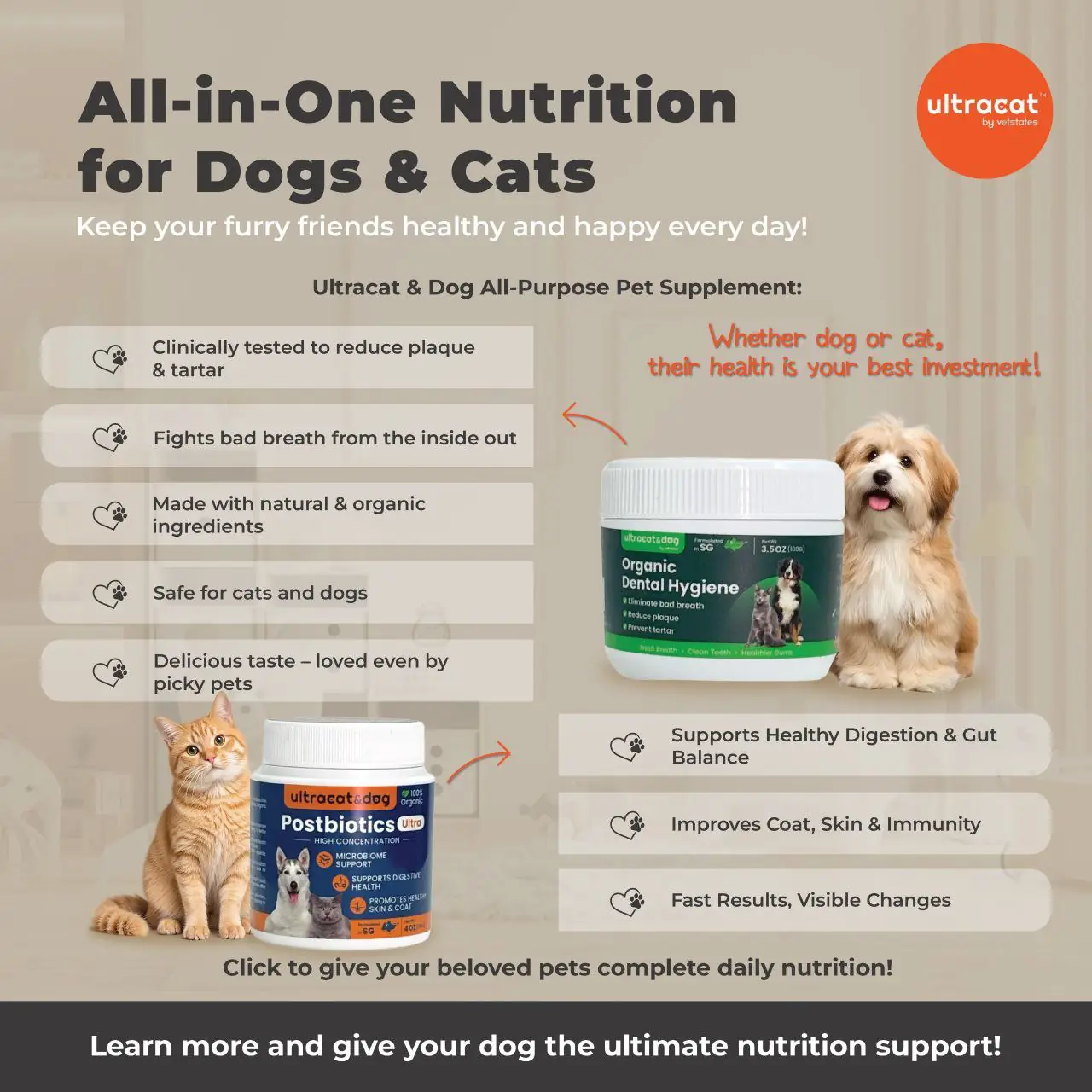 Vetstates Static pet care ad: Feature-callout ad for all-in-one daily nutrition for dogs and cats