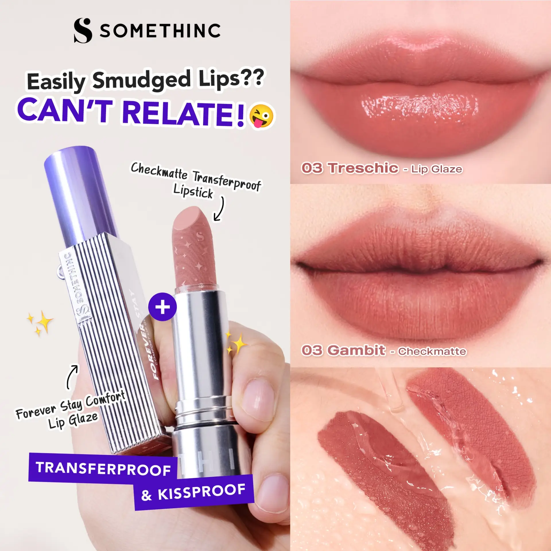 Somethinc Malaysia Static makeup and cosmetics ad: Problem-solution ad for transferproof, kissproof lips that never smudge