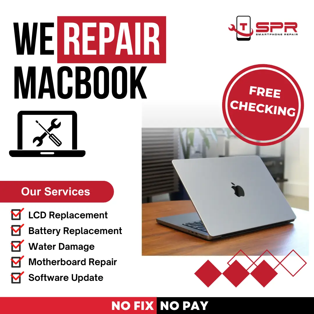 SmartPhone Repair Static electronics ad: Feature-callout ad for MacBook repair with free checking, no fix no pay