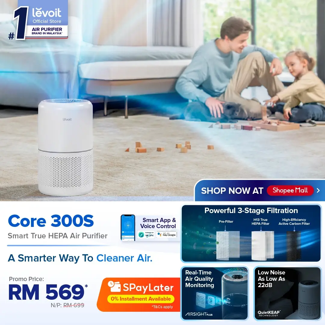 Dasher Smart Home Static electronics ad: Discount ad: Levoit Core 300S air purifier now RM569 from RM699