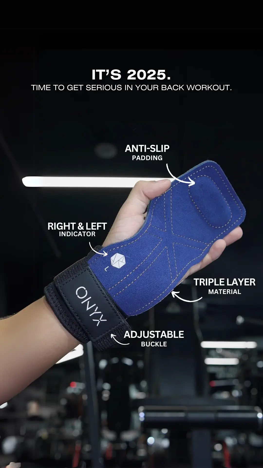 LIFT ONYX Dynamic fitness ad: Feature-callout ad for lifting grips with anti-slip padding and triple-layer material