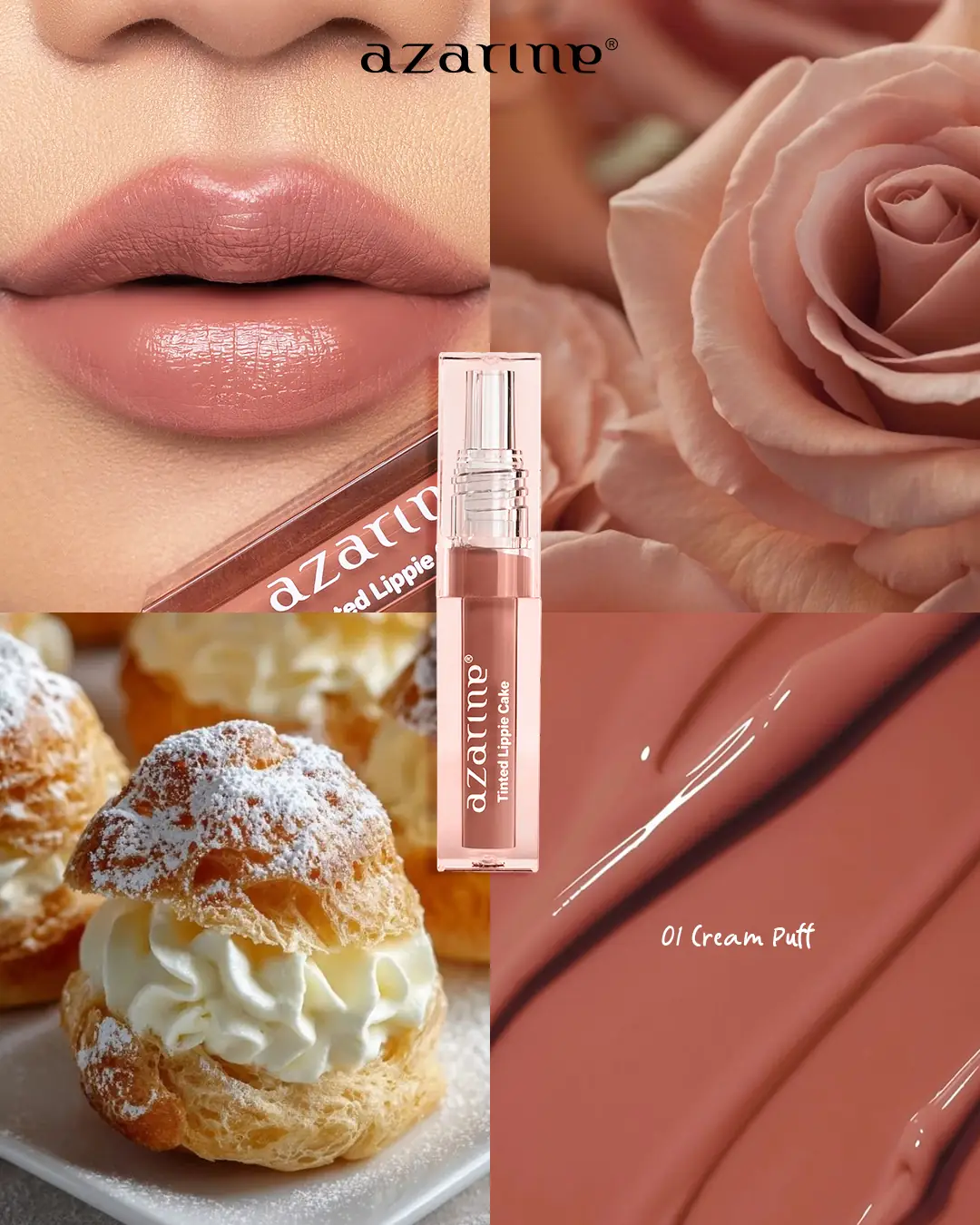 Azarine Cosmetic Malaysia Carousel makeup and cosmetics ad: Showcase ad for the Tinted Lippie Cake shade 01 Cream Puff, frame 1 of 4